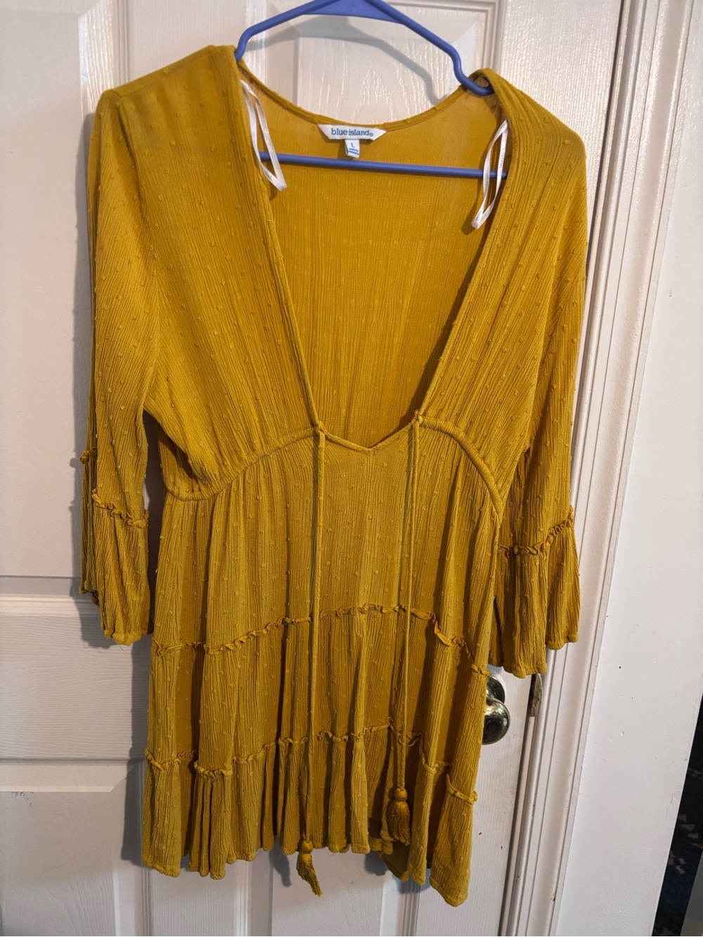 blue island Mustard Yellow V-Neck Tiered Blouse